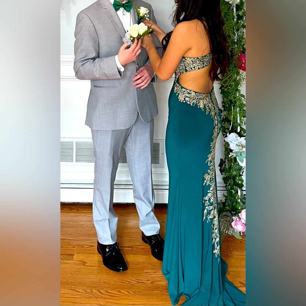 Green beautiful prom dress with gold accents